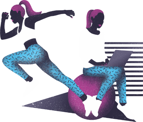 Grafik von zwei Sportlerinnen. Die eine sitzt auf einem Pezziball und arbeitet am Laptop. Die andere setzt gerade zu einer Sprintbewegung an.